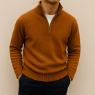 Fall Cotton Blend Stand Collar Quarter Zip Sweater for Men in Brown