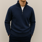 Fall Cotton Blend Stand Collar Quarter Zip Sweater for Men in Dark Blue