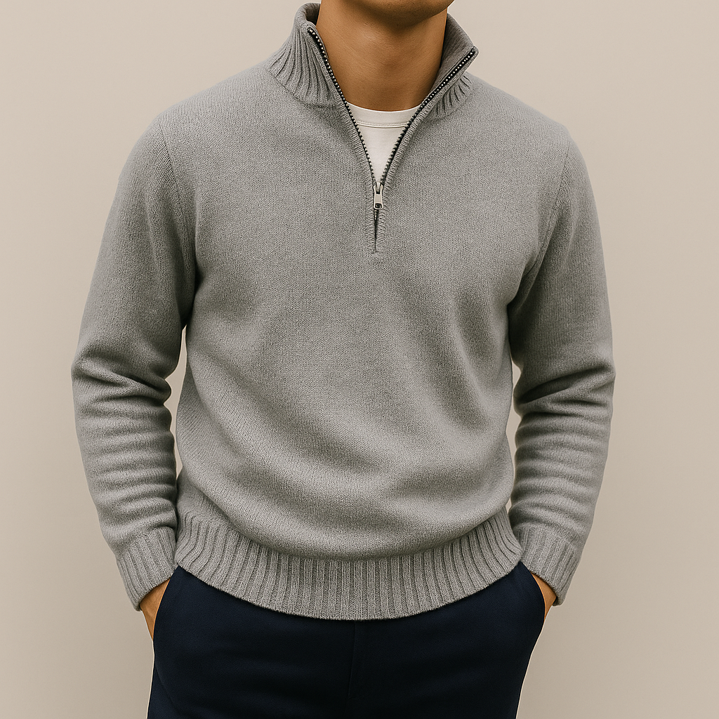 Fall Cotton Blend Stand Collar Quarter Zip Sweater for Men in Light Gray
