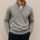 Fall Cotton Blend Stand Collar Quarter Zip Sweater for Men in Light Gray