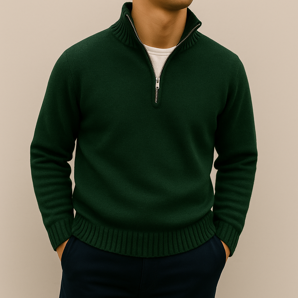 Fall Cotton Blend Stand Collar Quarter Zip Sweater for Men in Green