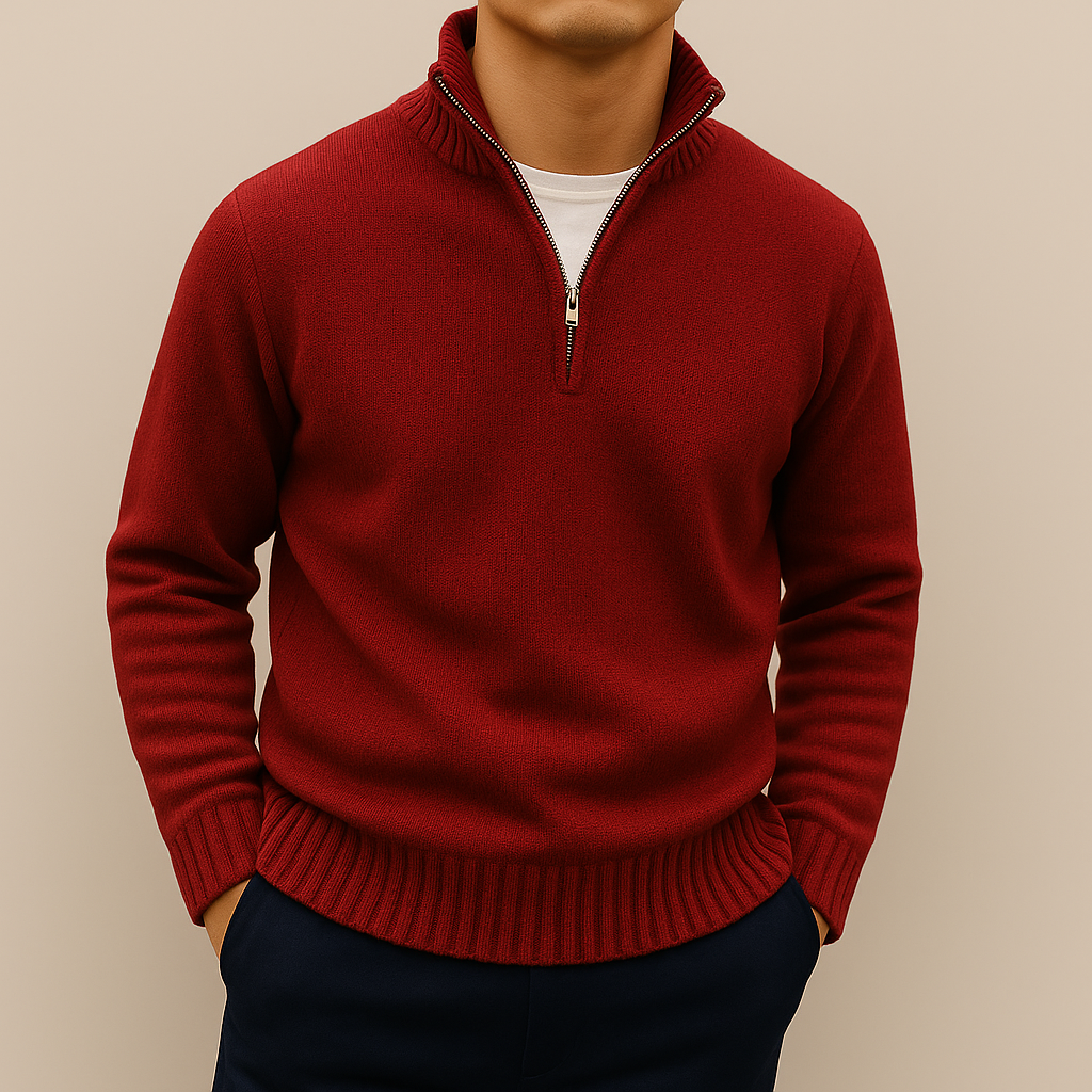 Fall Cotton Blend Stand Collar Quarter Zip Sweater for Men in Red