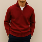Fall Cotton Blend Stand Collar Quarter Zip Sweater for Men in Red