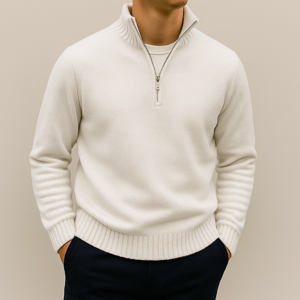 Fall Cotton Blend Stand Collar Quarter Zip Sweater for Men in White
