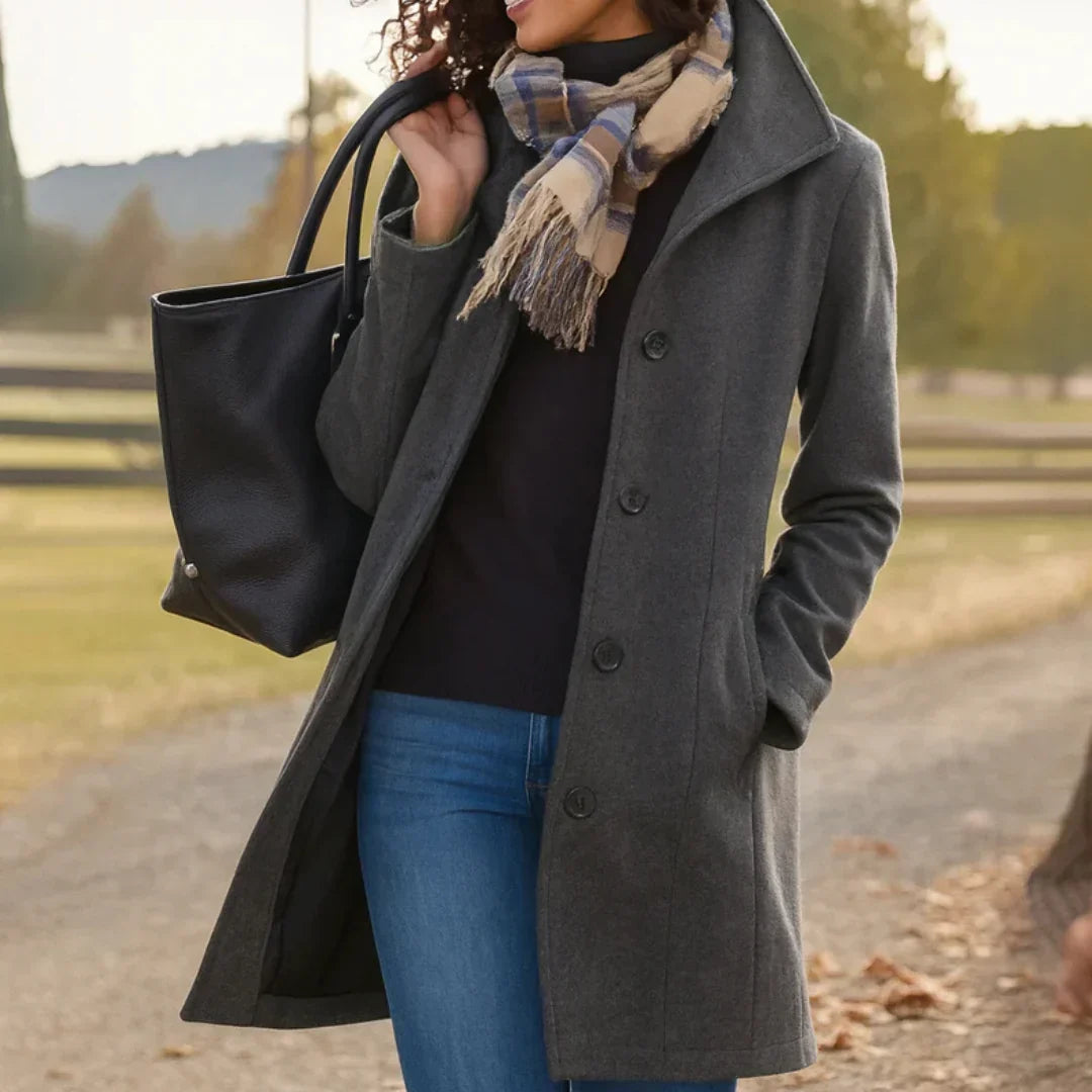 Wool Coat Womens Single Breasted Notch Lapel Mid Length Pockets