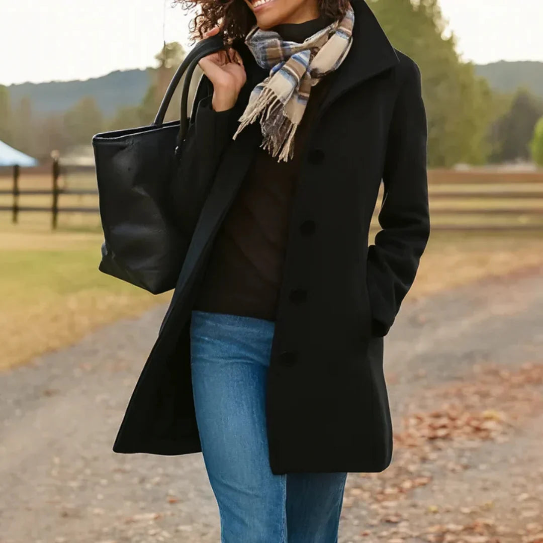 Wool Coat Womens Single Breasted Notch Lapel Mid Length Pockets