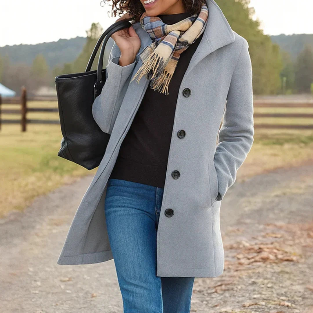 Wool Coat Womens Single Breasted Notch Lapel Mid Length Pockets