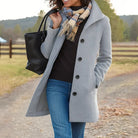 Wool Coat Womens Single Breasted Notch Lapel Mid Length Pockets