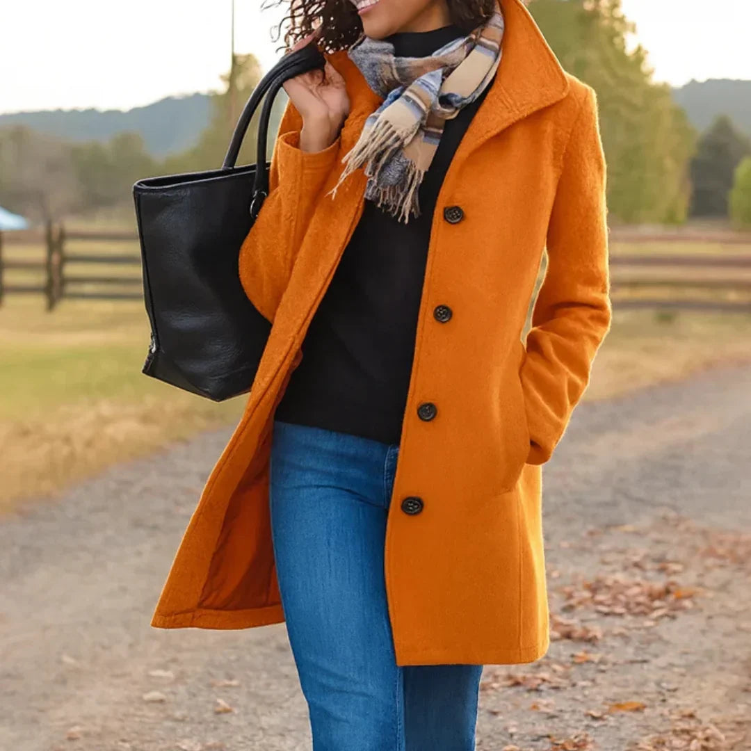 Wool Coat Womens Single Breasted Notch Lapel Mid Length Pockets
