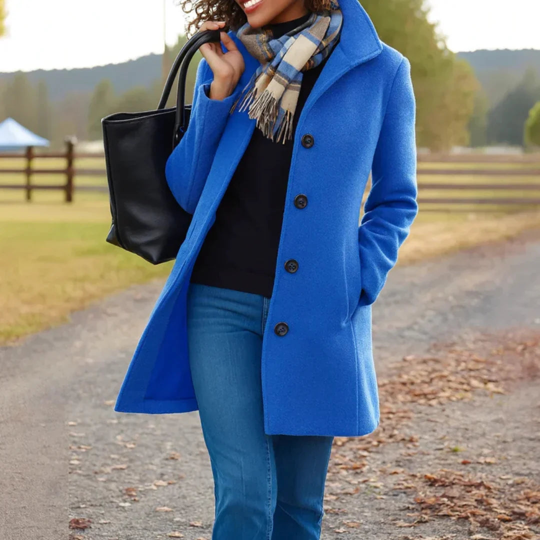 Wool Coat Womens Single Breasted Notch Lapel Mid Length Pockets