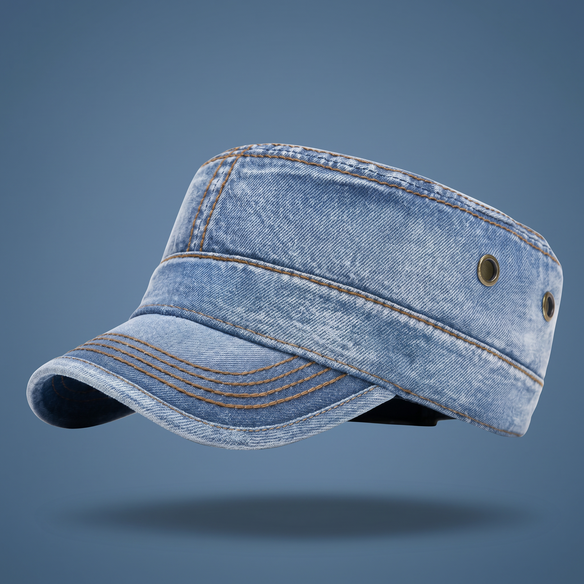 Washed cotton denim military style cap, view 11