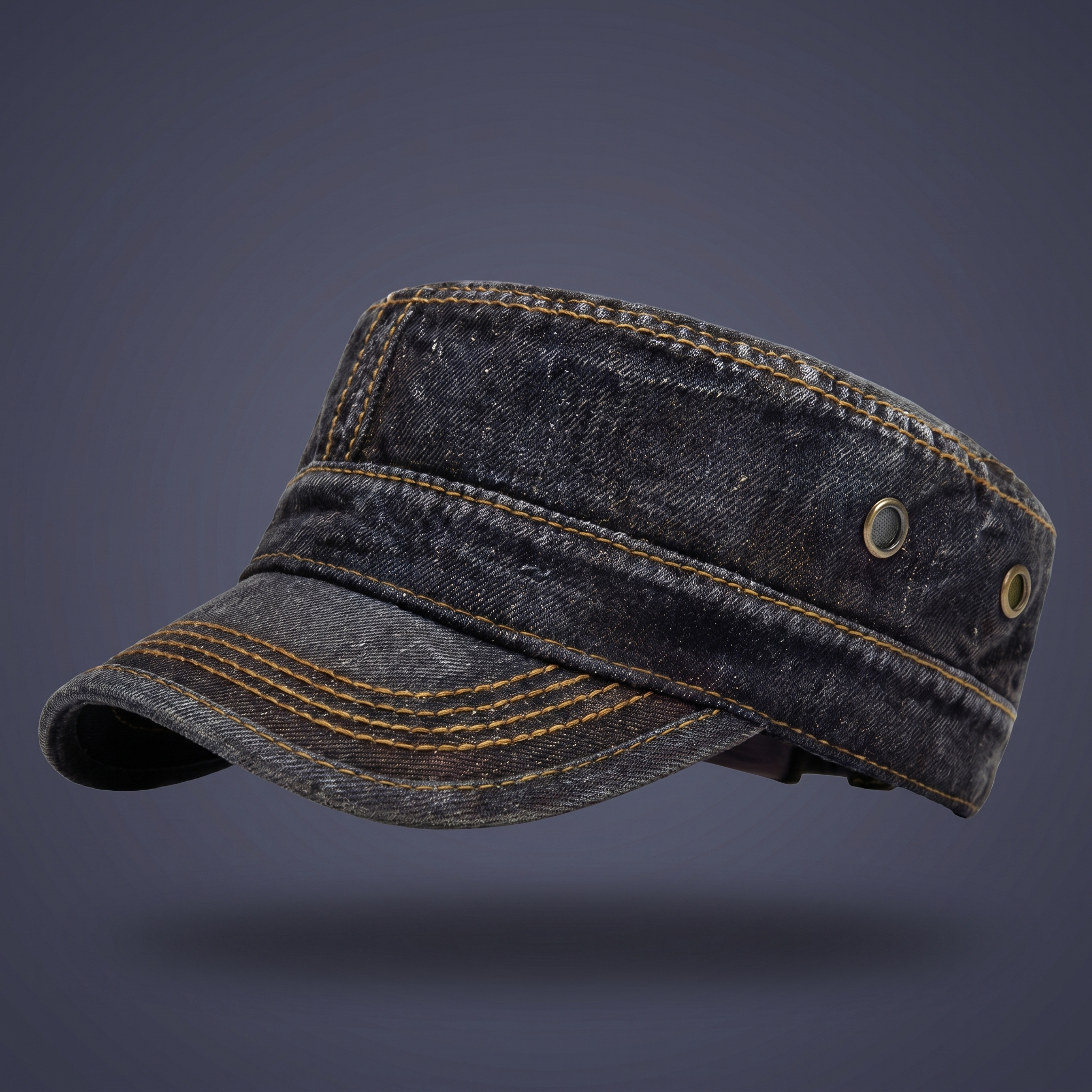 Washed cotton denim military style cap, view 13