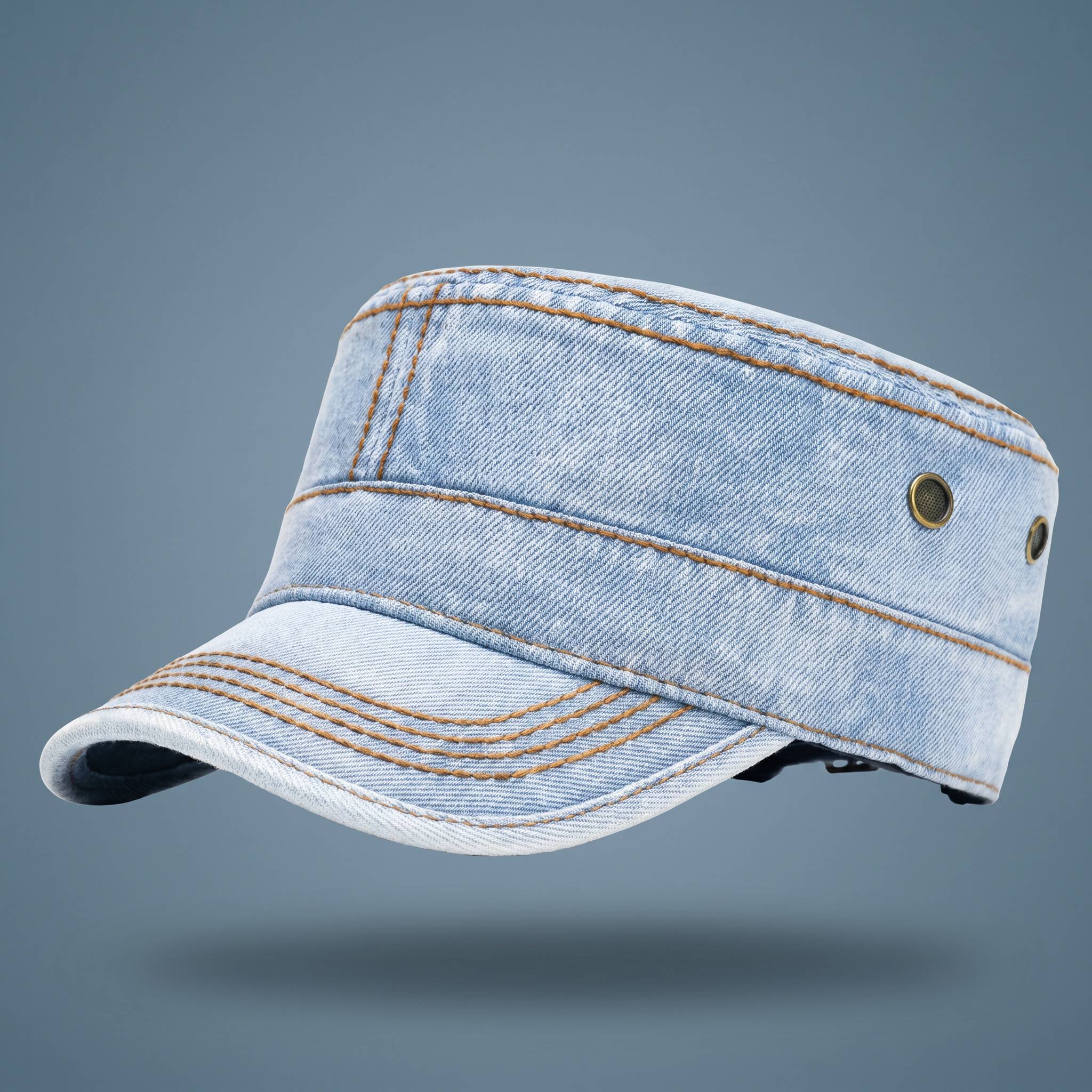 Washed cotton denim military style cap, view 14