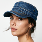 Washed cotton denim military style cap, view 5