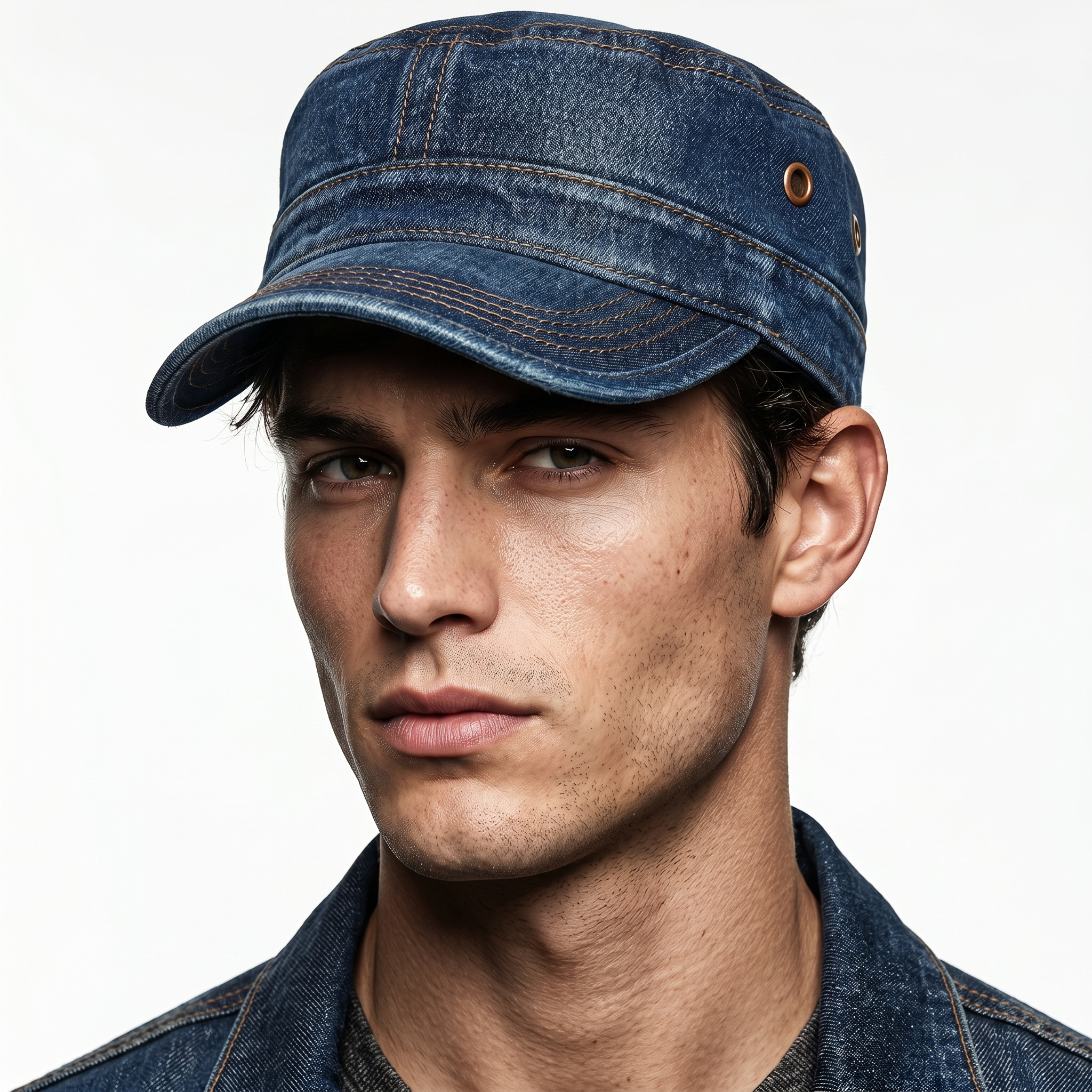 Washed cotton denim military style cap, view 6