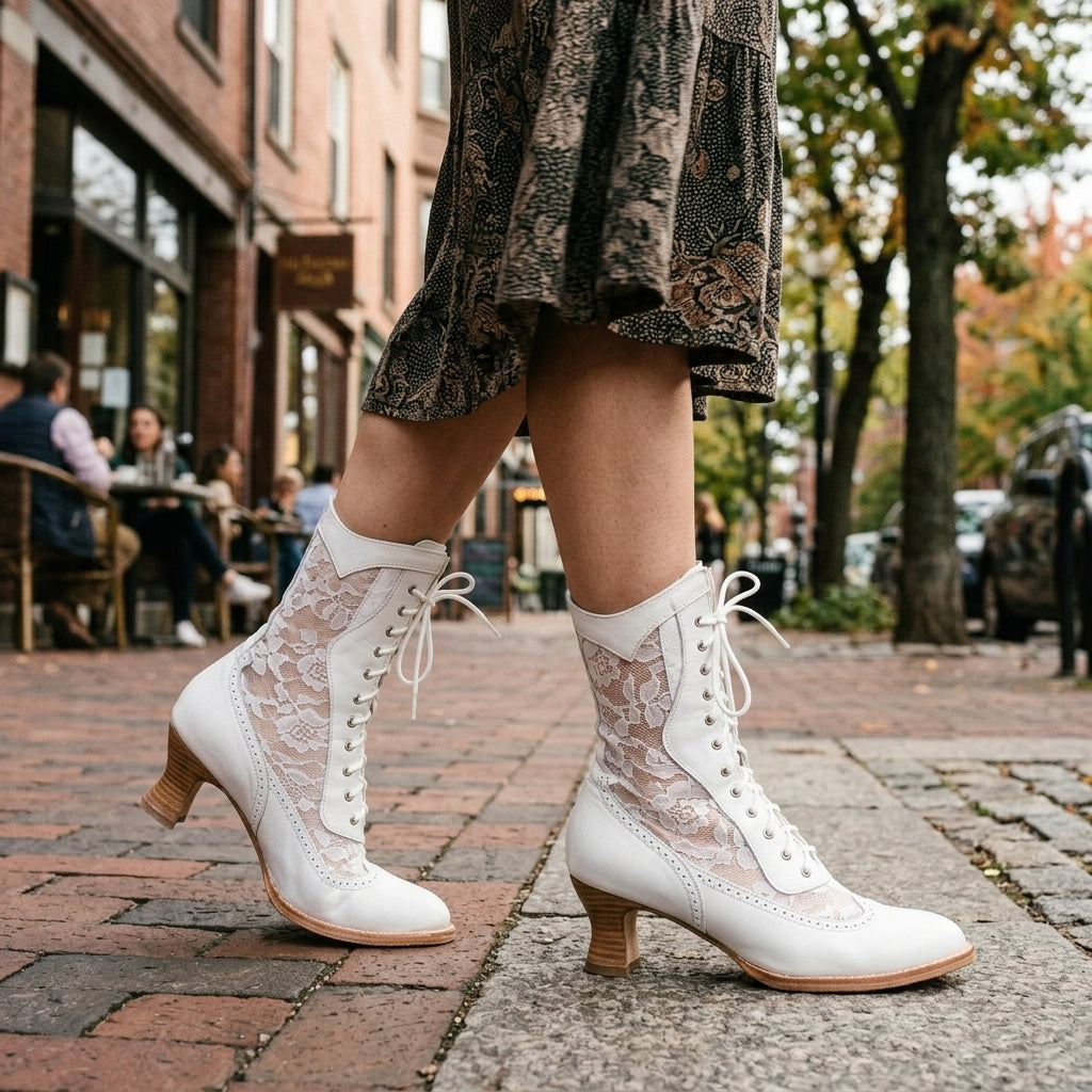 Women's Victorian Lace Ankle Boots Lace-Up Low Heel Pointed Toe
