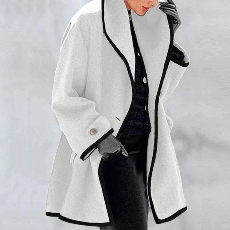 Wool Coat Womens Oversized Contrast Trim Stand Collar Swing Hem