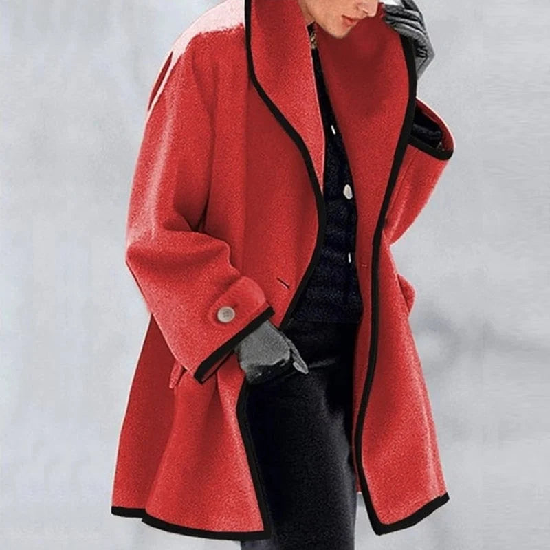 Wool Coat Womens Oversized Contrast Trim Stand Collar Swing Hem