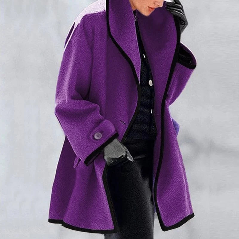 Wool Coat Womens Oversized Contrast Trim Stand Collar Swing Hem