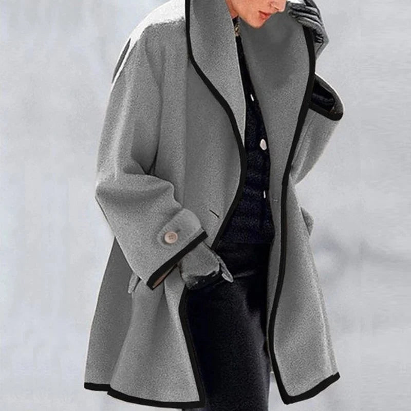 Wool Coat Womens Oversized Contrast Trim Stand Collar Swing Hem