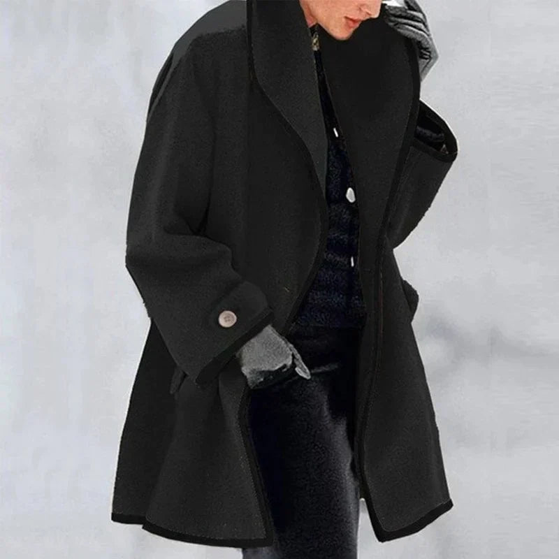 Wool Coat Womens Oversized Contrast Trim Stand Collar Swing Hem