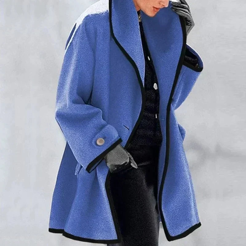 Wool Coat Womens Oversized Contrast Trim Stand Collar Swing Hem