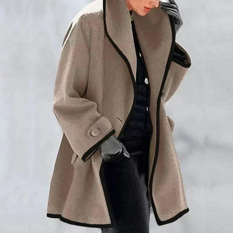 Wool Coat Womens Oversized Contrast Trim Stand Collar Swing Hem