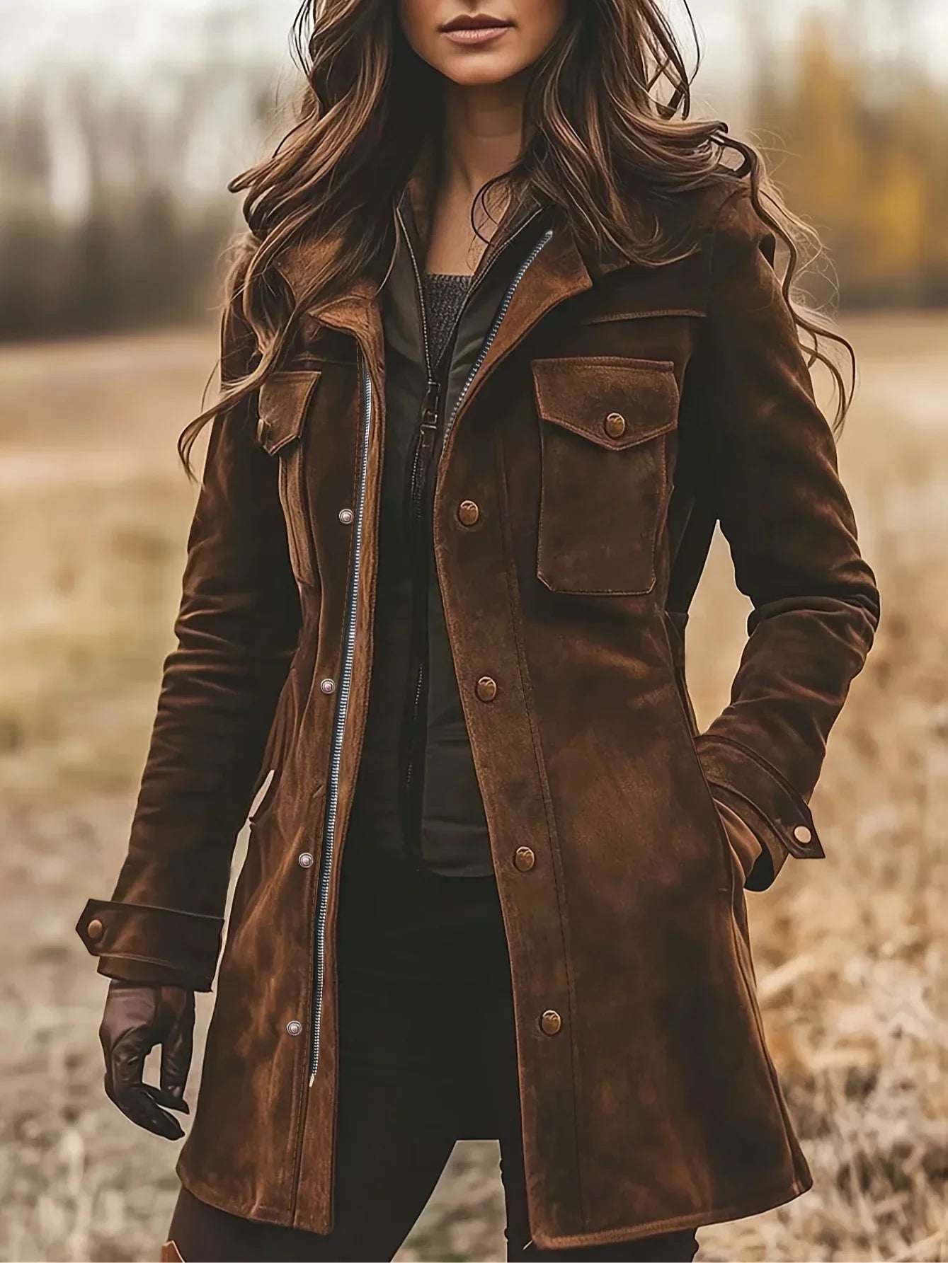 Suede Coat Womens Mid Length Button Front Flap Pockets Belted Cuff