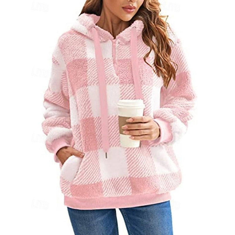 Hoodie Womens Quarter Zip Checkered Soft Fleece Pullover Plus Size