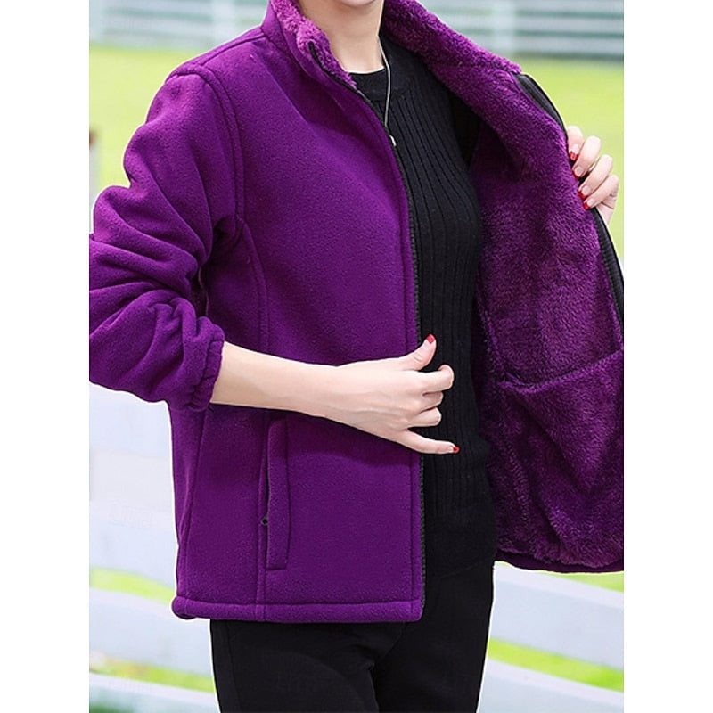 Fleece Jacket Womens Stand Collar Zip Front Plus Size Soft Warm