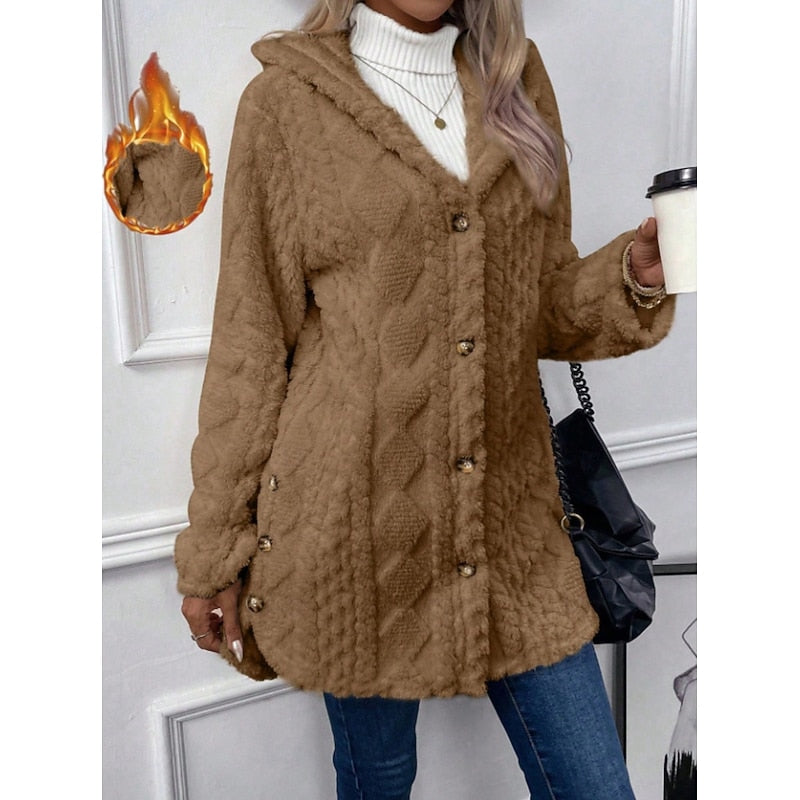 Fleece Jacket Womens Hooded Textured Relaxed Zip Front Soft Warm