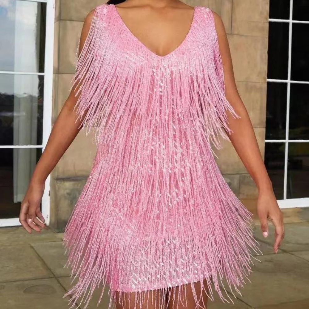 Sequin Fringe V Neck Flapper Mini Party Dress for Women in Pink