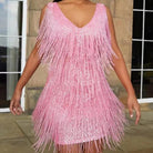 Sequin Fringe V Neck Flapper Mini Party Dress for Women in Pink