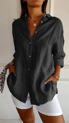 Fall Crinkle Texture Button Up Long Sleeve Shirt for Women in Black