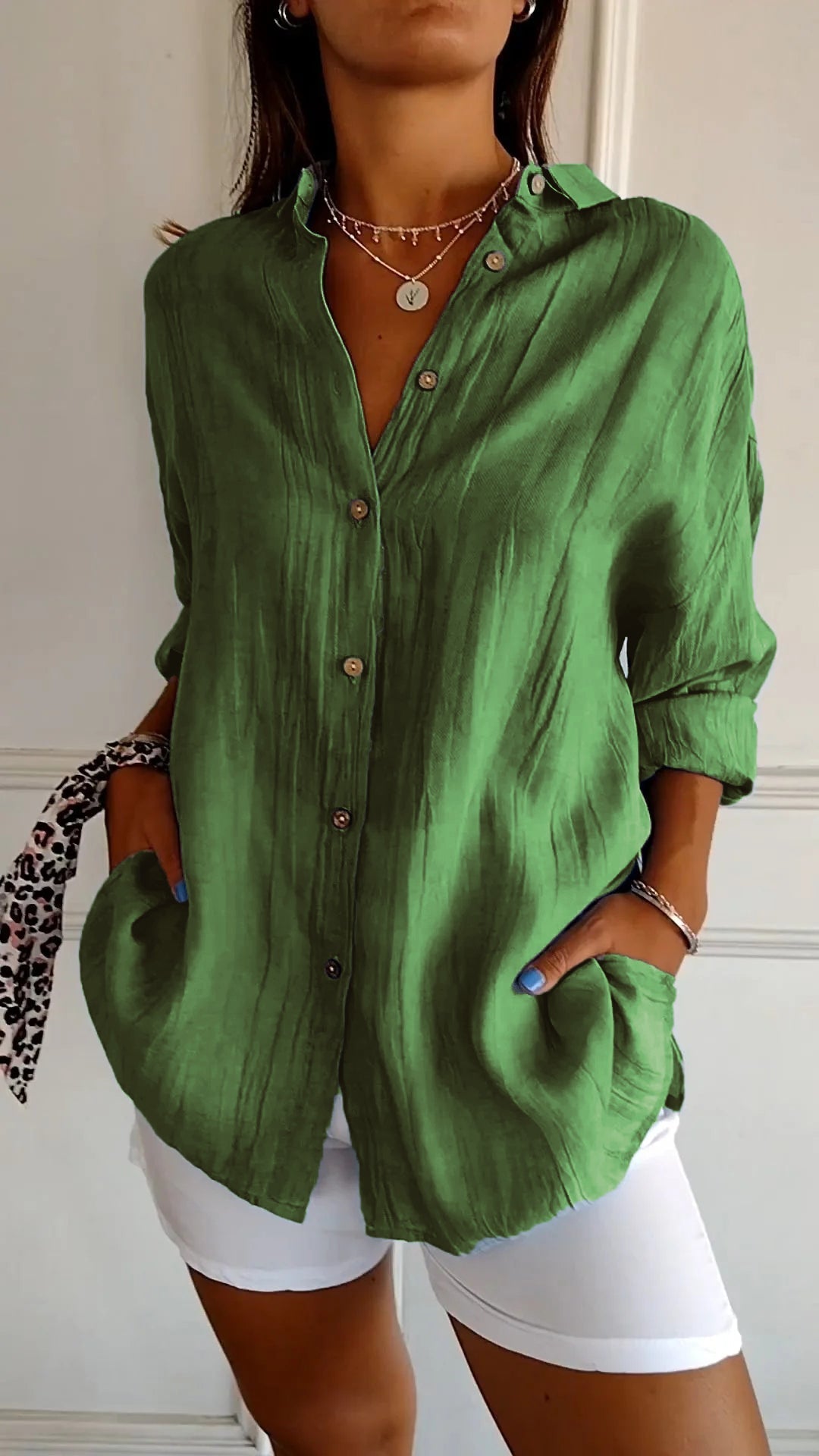 Fall Crinkle Texture Button Up Long Sleeve Shirt for Women in Green