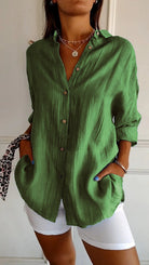 Fall Crinkle Texture Button Up Long Sleeve Shirt for Women in Green