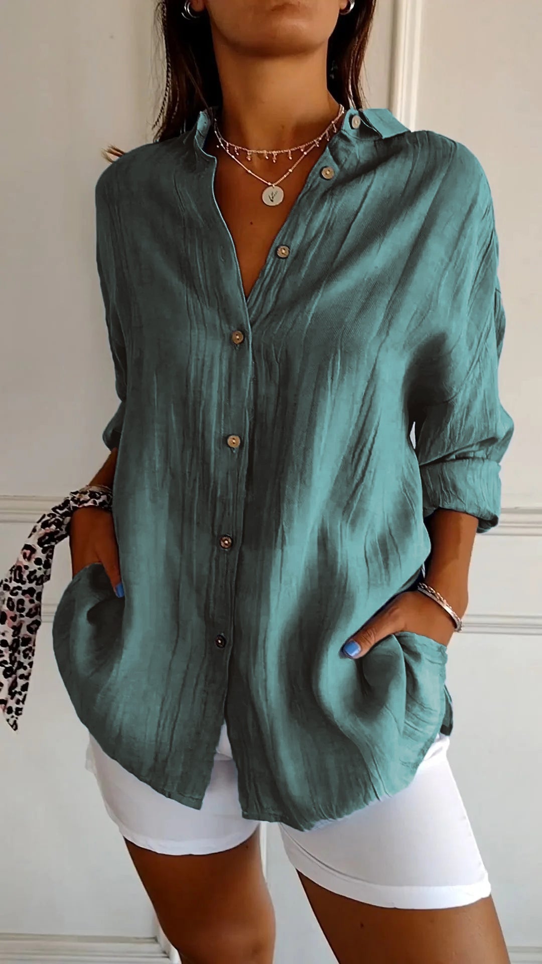 Fall Crinkle Texture Button Up Long Sleeve Shirt for Women in Teal