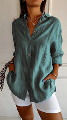 Fall Crinkle Texture Button Up Long Sleeve Shirt for Women in Teal