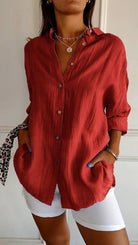 Fall Crinkle Texture Button Up Long Sleeve Shirt for Women in Red
