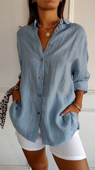 Fall Crinkle Texture Button Up Long Sleeve Shirt for Women in Light Blue