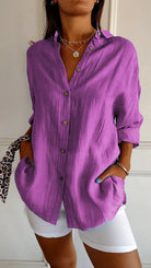 Fall Crinkle Texture Button Up Long Sleeve Shirt for Women in Purple