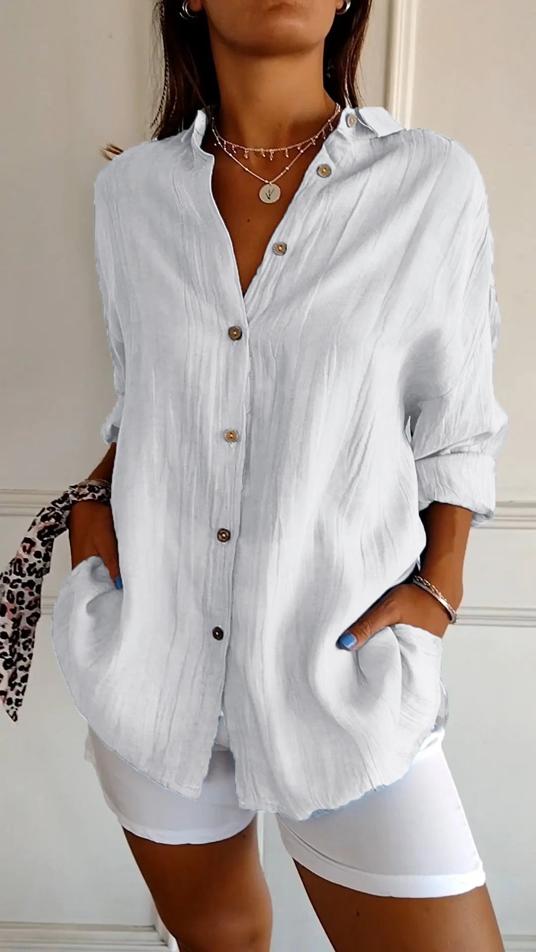 Fall Crinkle Texture Button Up Long Sleeve Shirt for Women in White