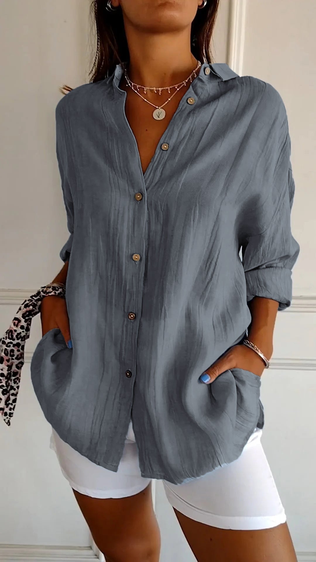 Fall Crinkle Texture Button Up Long Sleeve Shirt for Women in Gray