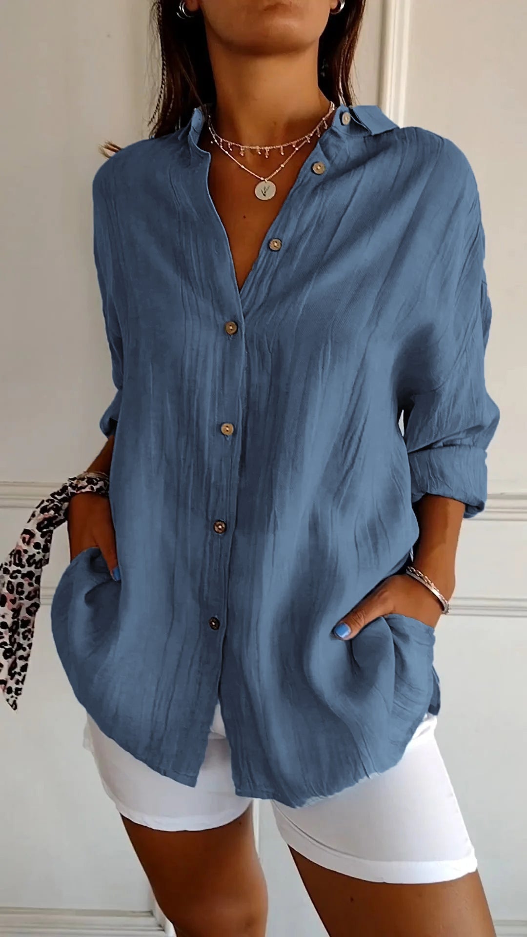 Fall Crinkle Texture Button Up Long Sleeve Shirt for Women in Dark Blue