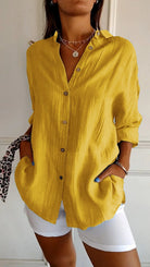 Fall Crinkle Texture Button Up Long Sleeve Shirt for Women in Yellow
