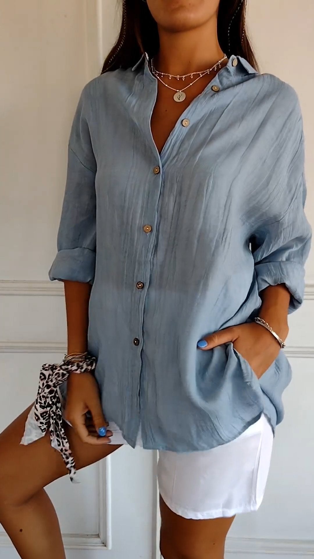 Fall Crinkle Texture Button Up Long Sleeve Shirt for Women