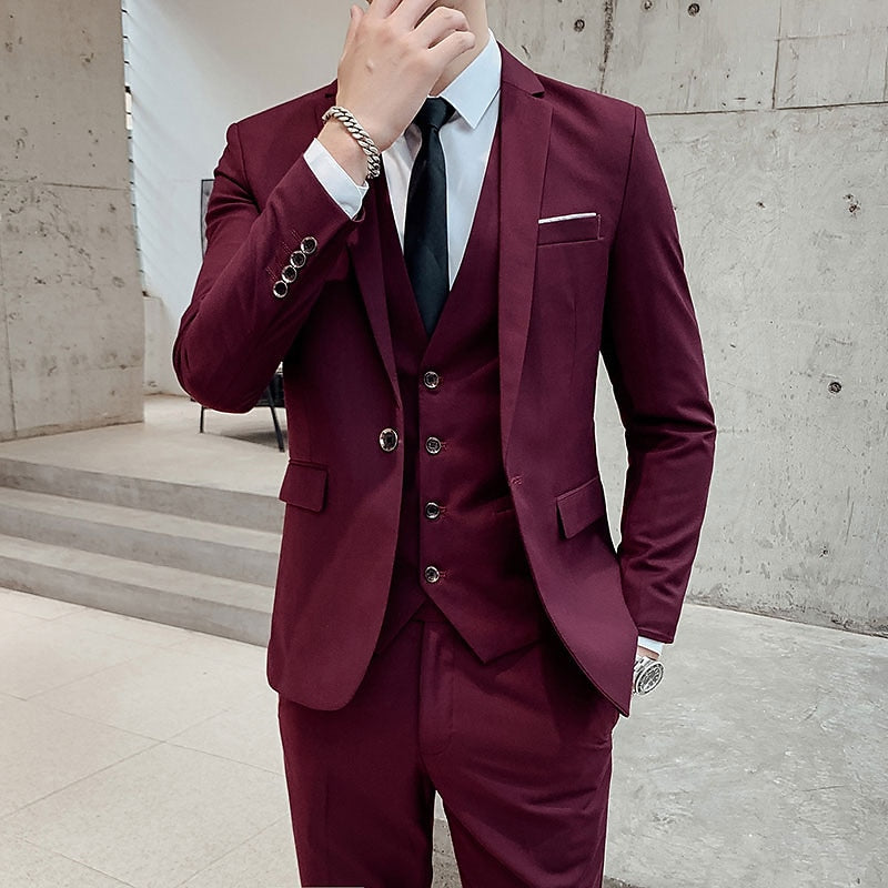 Three Piece Suit Mens Tailored Jacket Waistcoat Trouser Set Formal