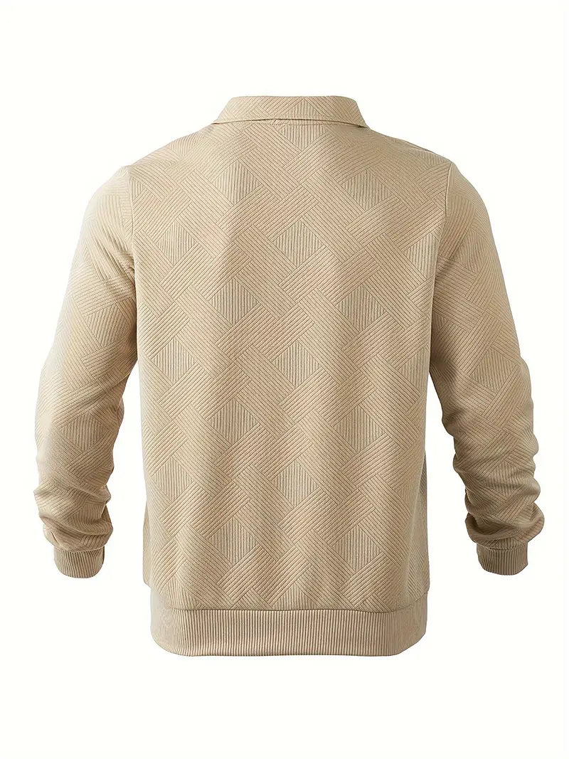 Fall Textured Geometric Polo Collar Quarter Zip Sweater for Men