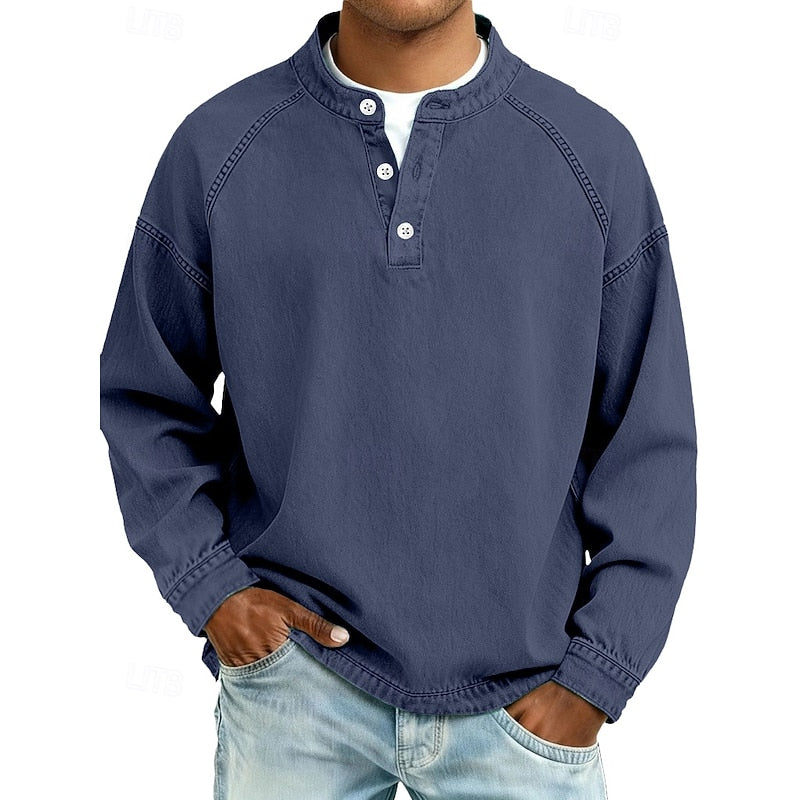 Henley Shirt Mens Washed Cotton Long Sleeve Relaxed Lived In Feel
