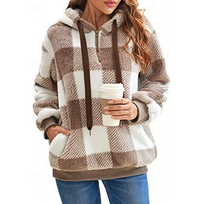 Hoodie Womens Quarter Zip Checkered Soft Fleece Pullover Plus Size